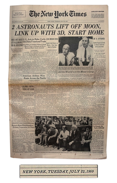 ''The New York Times'' From 22 July 1969, the Day After Apollo 11 Leaves the Moon -- ''2 Astronauts Lift off Moon''